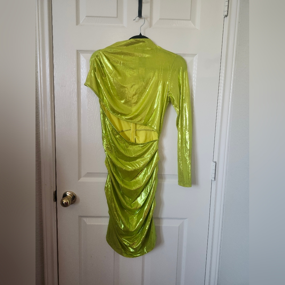 Fashion Nova Shimmering Lime One Sleeve Ruched Dress